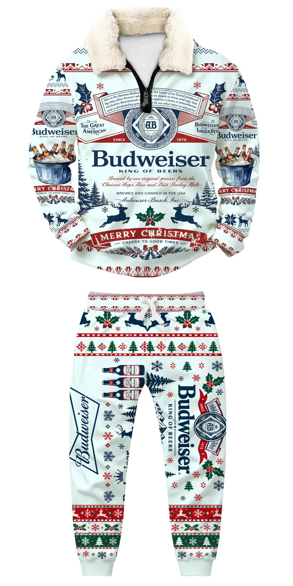 White-beer Ugly Quarter Zip Sweatshirt & Sweatpant Set - MERRYPARK